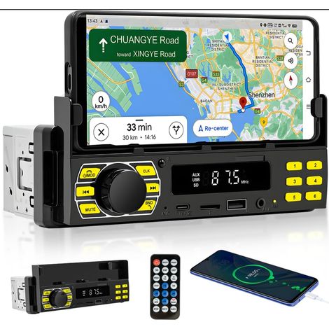 1 Din Bluetooth-Autoradio mit Handyhalterung, Autoradio mit Bluetooth-Freisprecheinrichtung, FM-Radio/USB/TF/Aux/7 Farben/APP, lokalisiert Auto-MP3-Player mit Fernbedienung, schnelles Aufladen