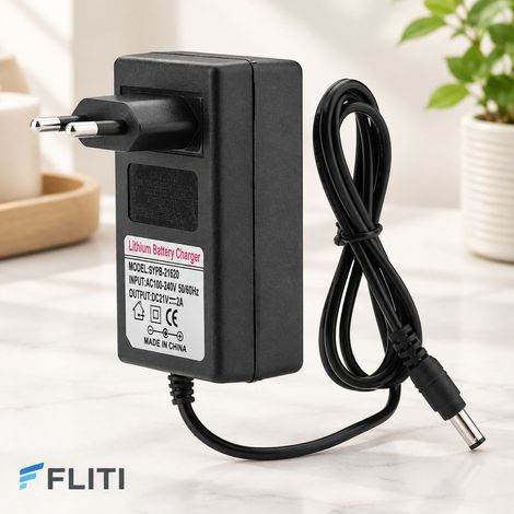 FLITI 21V 2A Lithium-Ion Battery Charger, 100-240V AC Adapter, EU Plug, Black ABS, Overheat Protection for Toy Cars and LED Headlights (1/5)