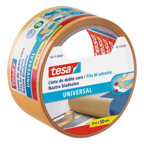 Tesa universal cinta adhesiva doble cara 50mm x 10 metros - para fijar moquetas en diferentes superficies - para manualidades y decoracion - color blanco