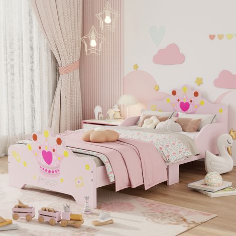 HOMCOM Kids Wooden Princess Crown & Flower Single Bed Safety Side Rails Slats (1/5)