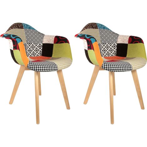 Altobuy – Lot de 2 fauteuils scandinaves multicolores – Assise confortable en tissu patchwork – Piétement en bois massif naturel – Dimensions 62x60,5xH86 cm (1/7)
