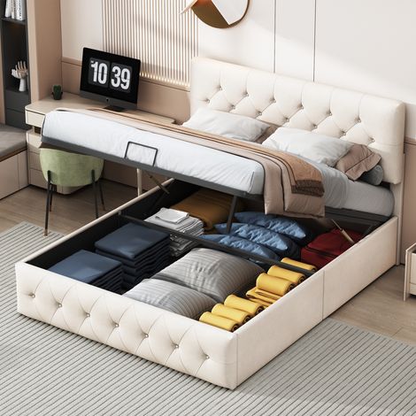 Lit coffre 140x200cm - Lit Adulte avec Sommier, Dossier Moelleux et Tête de Lit Réglable - Velours - Beige