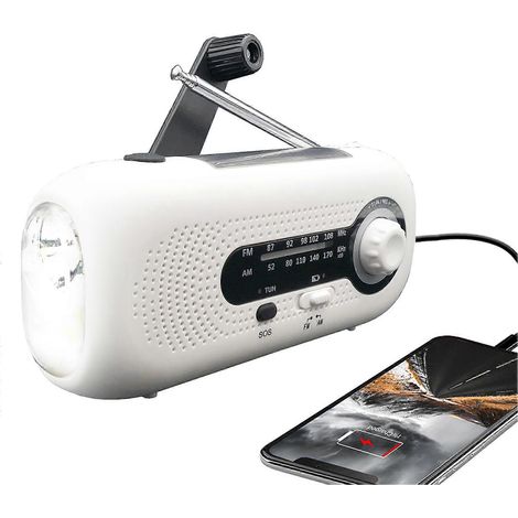Lampe torche à manivelle haute luminosité avec radio météo intégrée, radio météo avec panneau solaire et chargeur de téléphone portable 2000 mAh (1/5)