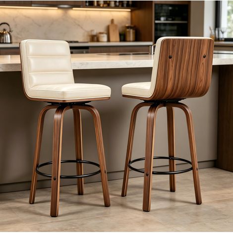 Tabouret de bar pivotant 360° en PU crème, dossier et pieds en bois de hêtre, 90 cm (1/5)