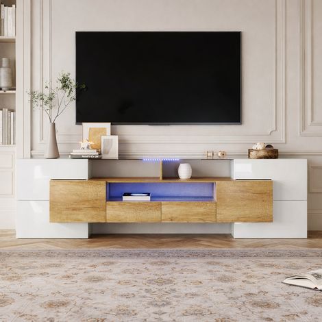 Meuble TV LED, Longueur Moderne Meuble Télé Haut pour Salon, Banc TV avec Rangement, Charge 60kg, 150x30x50 cm, Blanc & Bois (1/5)