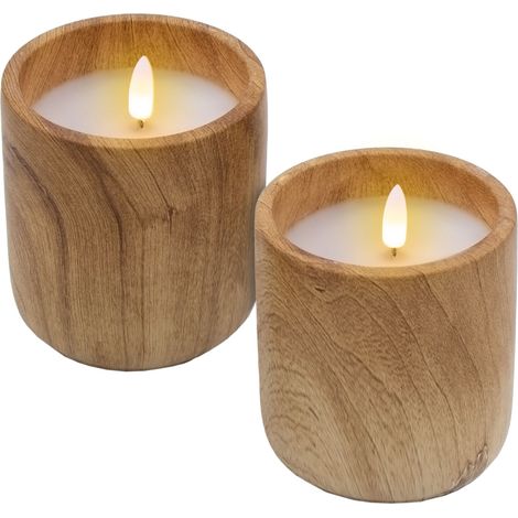 LED Kerze im Keramik Becher mit Holz Optik 10 x 9 cm - 2er Set - Dekokerze Batterie betrieben mit Timer Funktion - Deko Stimmungslicht künstliche Flamme mit Flacker Effekt für Innen