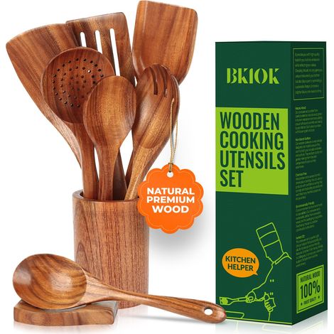 Ensemble d'ustensiles en bois de teck pour cuisine faits à la main avec repose-cuillère et porte-ustensiles 9 pièces (1/5)