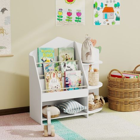 Librería infantil (91.5x56.0x10.0 cm), con 7 compartimentos, bordes redondeados, madera blanca (1/5)