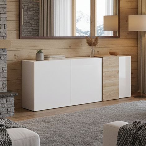 Dmora - Aparador Lamar, Bufé de salón, Aparador de salón, Despensa de cocina, Made in Italy, 181x44 h86 cm, Roble nodoso y Blanco brillante (1/5)