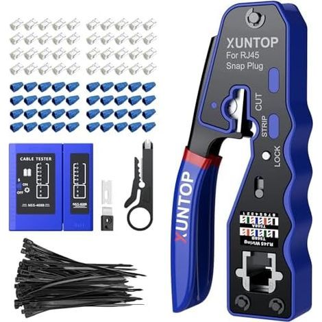 Pince à Sertir RJ45 Kit Pass-Through 8P8C – Compatible Cat5/Cat6/Cat6A/Cat7 Non Blindé Avec Testeur Réseau, 50 Connecteurs, Étiquettes Couleurs, Pour Bricolage & Installation Pro - (1/5)