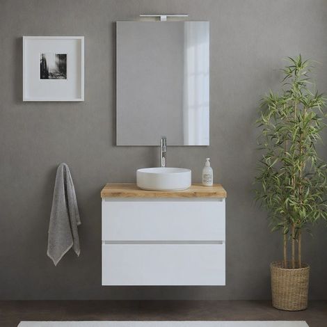 Mobile Bagno Sospeso 60Cm Bianco Lucido Top Rovere Naturale, Specchio 60X80 Benaco