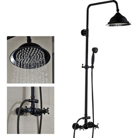 8" Retro Schwarz Duschsystem, 3 in 1 Dusche Duschset Duscharmatur inkl. Handbrause aus Messing, Kopfbrause aus Edelstahl (1/5)