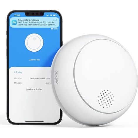 Fumée Connecté, Maxcio WiFi Avertisseur de Fumée Intelligent avec Notification d'APP, Détecteurs Alarme Incendie avec Pile Remplaçable, Conforme à la Norme en 14604 (1/5)