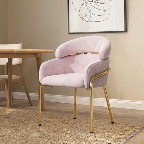 Fauteuil de salle à manger en velours rose avec piètement métal (1/5)