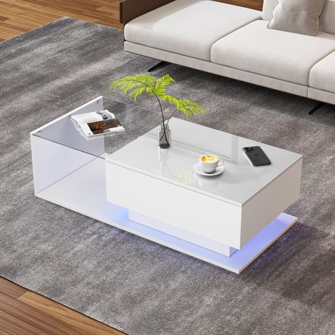 Glänzend weißer Couchtisch 100x50x32 cm – mit Glasplatte und Schubladen, kratzfest, mit 1 Schublade, mit LED-Beleuchtung, moderner Stil