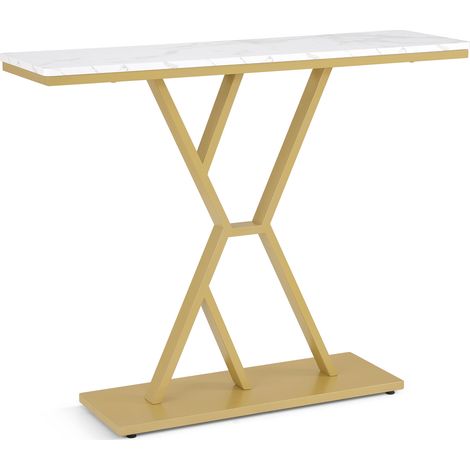 BarberPub Konsolentisch Schmal, Eingangstisch Holz Metallgestell, Flurtisch mit 2 Ebenen, Moderner Beistelltisch für Flur, Wohnzimmer, Vorzimmer, Eingang, Foyer, Marmor-Weiß Gold, 30x100x80cm, 2237 (1/5)