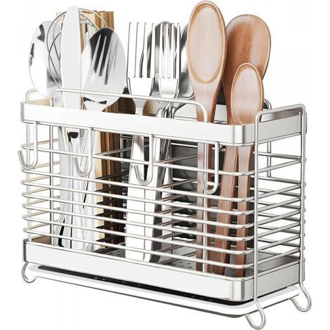 Égouttoir à ustensiles en acier inoxydable avec bac de récupération, panier égouttoir pour comptoir de cuisine, porte-couverts, fourchettes, couteaux, cuillères et baguettes (argenté) (1/5)