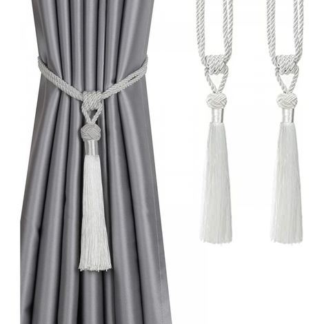 Lot de 2 embrasses de rideaux à longs pompons, faites à la main, en corde tressée, style européen, décoratives, pour la maison et le bureau (blanc) (1/5)