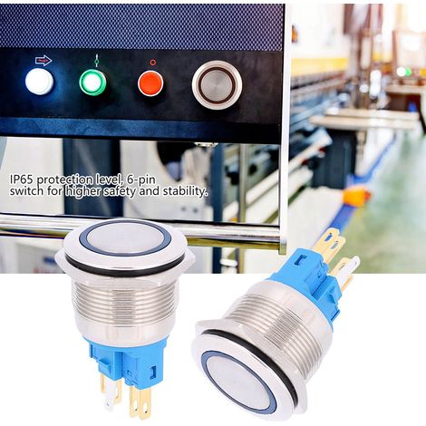 2 pièces bouton poussoir réarmement 22mm DC12-24V IP65 anneau lumineux 6 broches accessoires interrupteur bleu (1/5)