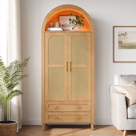 Armoire Penderie 76x50x184cm Effet Rotin Naturel avec Éclairage LED - App 2 Portes et 2 Tiroirs Pieds Bois - Armoire de chambre, Rétro Bohème