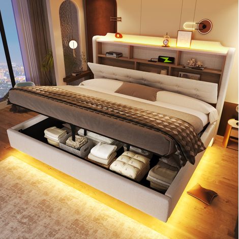 Letto imbottito 180x200 cm beige in lino e MDF con LED, contenitore idraulico e prese USB-C (1/5)