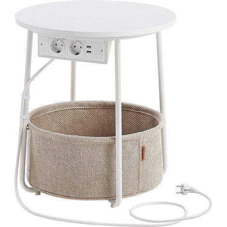 Mesa de centro/auxiliar redonda pequeña con cesta de tela 45 x 50 cm espacio de almacenaje para salón/dormitorio/mesita de noche estilo moderno blanco 120006929
