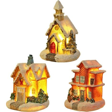 Ensemble de 3 maisons de village de Noël lumineuses à LED, kits de décorations de Noël en résine, bâtiments, scène (maison) (1/5)