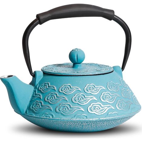Théière japonaise en fonte avec infuseur pour feuilles mobiles, 800 ml, compatible avec la cuisinière, revêtement intérieur émaillé, motif nuages, bleu ciel (1/5)