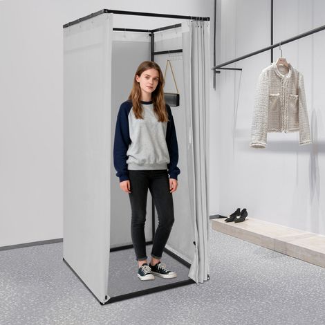 Cabine d'essayage pour magasin de vêtements, 85 x 85 x 200 cm, avec rideau occultant, adaptée aux centres commerciaux, solution mobile et temporaire pour préserver l'intimité, grey (1/5)