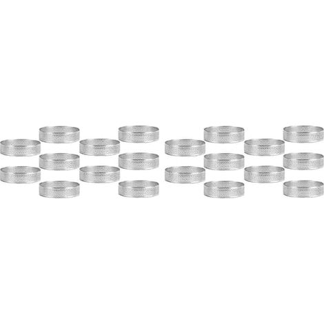 20 cercles à pâtisserie de 9 cm de diamètre, perforés, en acier inoxydable, pour desserts, tartes aux fruits, quiches, mousses, etc., couleur argent. (1/5)