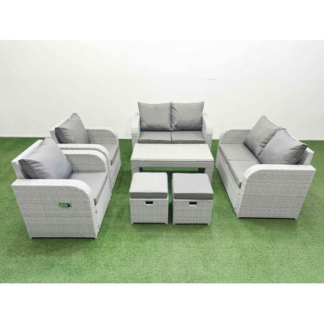 Fimous 8 Seater Outdoor Reclining Chair Love Sofa Set Rattan Garden Furniture Set with Oblong Coffee Table 2 Stools Light Grey (1/4)