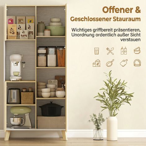 Meuble de cuisine 170 cm, armoire contemporaine avec niche ouverte, tablettes ajustables, finition aspect bois naturel (1/5)