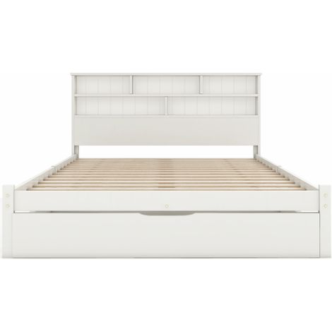 Cama doble 140x200 cm blanca con cajones, somier de láminas y cabecero estantería HOMVRA (1/5)