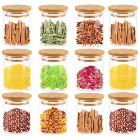 Lot de 12 pots à épices en verre 120 ml – Couvercle en bois de bambou – Étanchéité silicone pour conservation des arômes – Dimensions 55 x 80 mm (1/5)