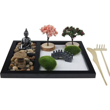 Ahlsen Jardín Zen en miniatura, adornos de caja de arena de resina, rastrillo de jardín Zen de bambú, miniaturas de jardín al aire libre, decoraciones de oficina en el hogar de piedra natural (1/5)