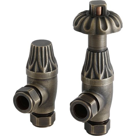 Milano Windsor Antique Style Angled Heated Towel Rail Radiator Thermostatic Valves Pair - Brass (1/3)