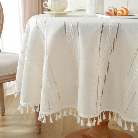 Runde Tischdecke mit Quasten, 100cm, Elfenbein Weiß, Leinen-Optik