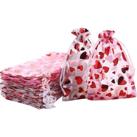 Sachets en organza dorés en forme de cœur 9x12cm (50 pièces) - Sachets cadeaux avec cordon de serrage (1/4)