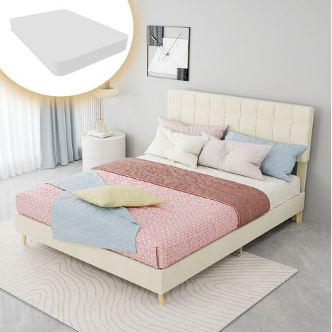 Letto 140 x 200 cm con testiera capitonné a quadri, tessuto beige, struttura in metallo DESVIAE (1/5)