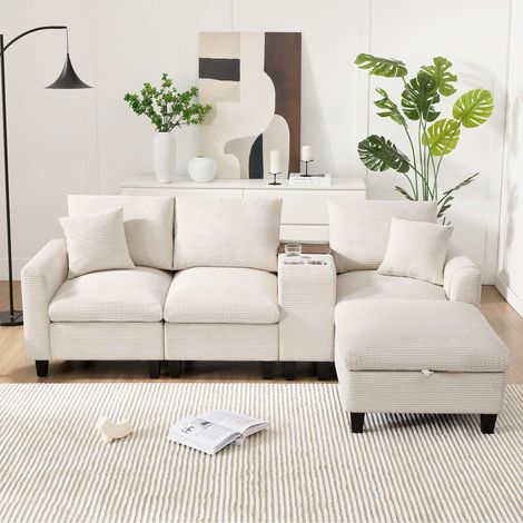 Canapé en L en velours côtelé avec console, 2 porte-gobelets, USB,
rangement et coussins pour petits espaces (1/5)