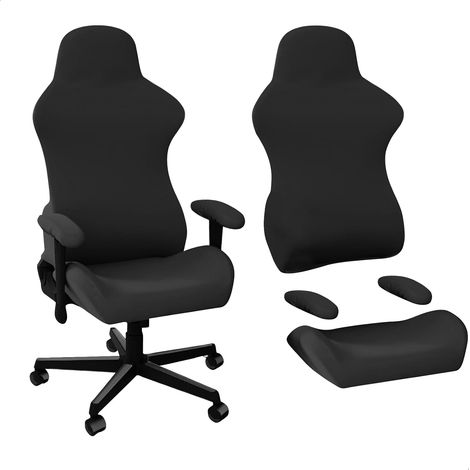 Housse Chaise Gaming,Housse de Chaise 4 Pièces, Housse Fauteuil Gaming Lavable Haute Qualité pour Fauteuil de Bureau Gamer Bureau Ordinateur,Noir (1/5)