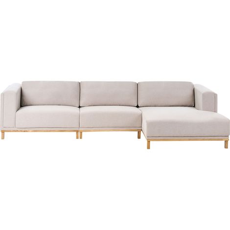 Divano angolare in velluto a coste a 5 posti con braccioli e gambe in legno beige chiaro Veng