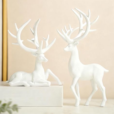 Figurine Cerf - Décor Résine Blanc Noël - Pour Cheminée Bureau Table - Set De 2 Pièces (1/4)