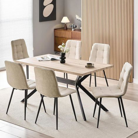 Ensemble table à manger - WAFTING - WAFTING - 6 places - Hêtre grain clair - Chaises lin beige (1/5)
