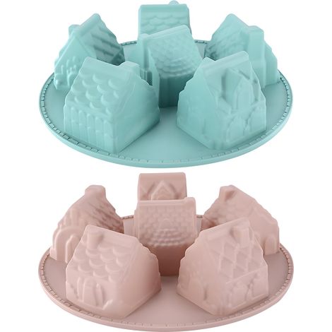 2er-Pack hausförmige Silikon-Backformen, antihaftbeschichtete Kuchenform mit 6 Mulden für Weihnachtspudding, Dessert, Mousse, Kerze, Seife
