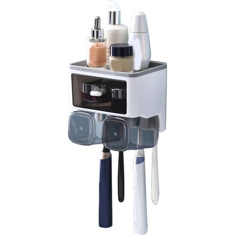 Étagère murale sans perçage pour brosses à dents, porte-gobelets pour bain de bouche, support de rangement pour toilettes, blanc, 2 gobelets (1/5)