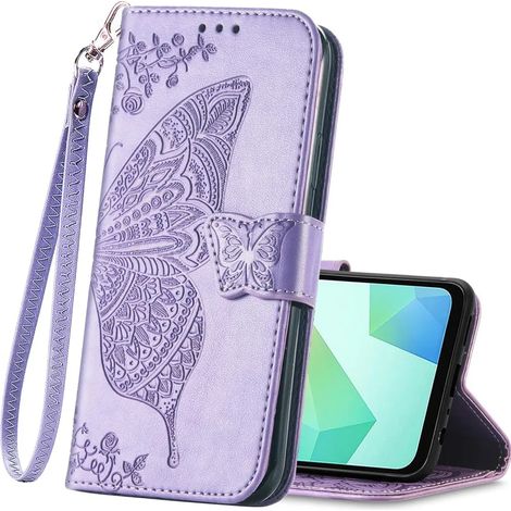 (Violet clair, Galaxy S26) Étui de téléphone à rabat texturé papillon de style portefeuille avec support et dragonne, version femme. (1/5)