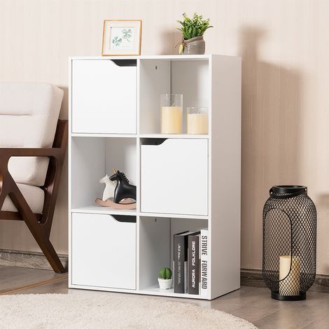 Meuble de Rangement Casier avec 6 Compartiments 3 Ouverts et 3 avec Portes Capacité 30 kg en MDF 60x29x90cm Blanc CW69581 (1/3)