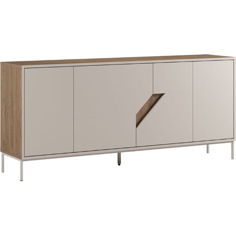 Buffet 4 portes 180cm en mélaminé beige et imitation bois avec découpe graphique oblique - ANOUK