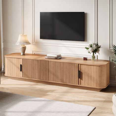 Meuble tv 180 cm - meuble bas de salon arrondi avec portes coulissantes et tiroirs à motif vagues led intégrée style moderne en mdf et panneaux de particules - naturel